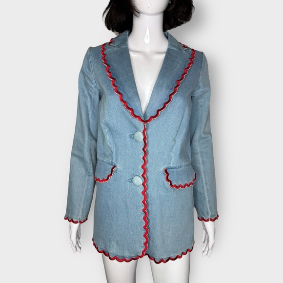 Manoush Denim Red Scalloped Trim Double Button Blazer - Picture 1 of 6